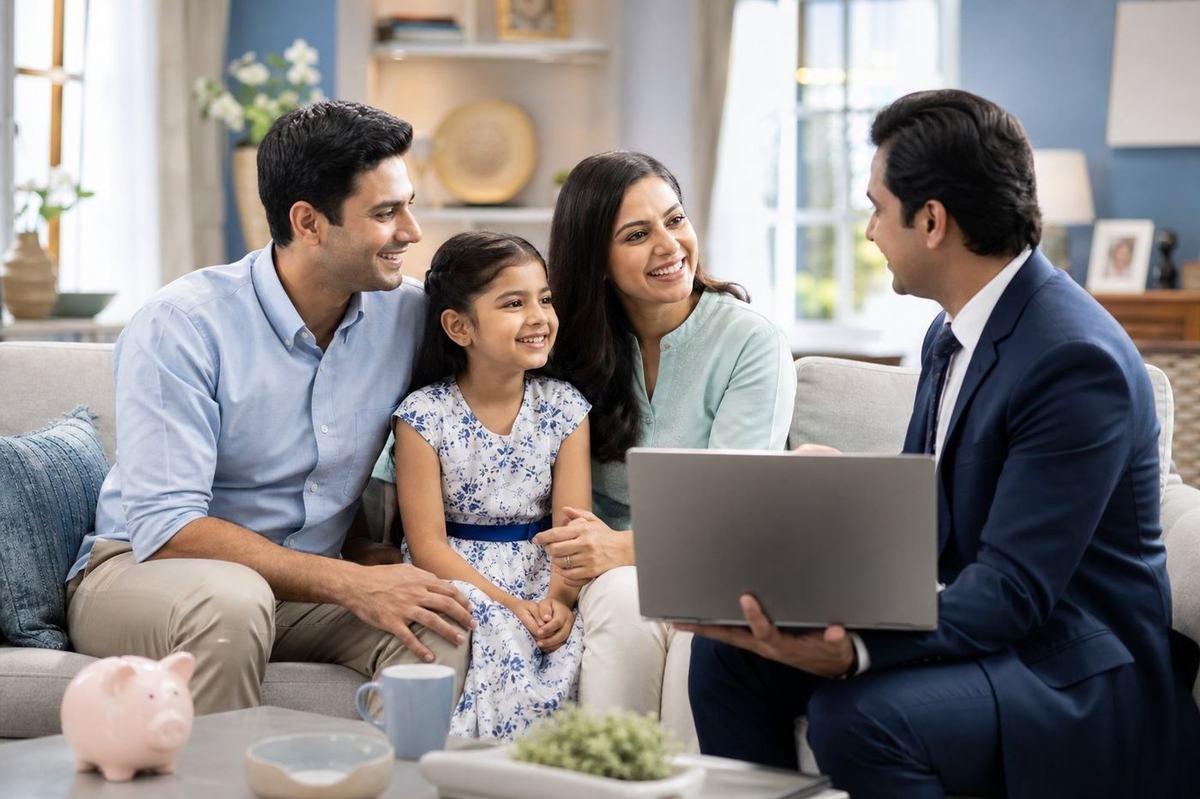 An Indian family discussing insurance requirements with a CoverBima consultant